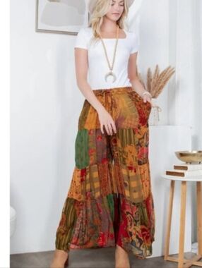 NWT Young Threads Boho Wide Leg Patchwork Pants Medium Orange Green Yellow M